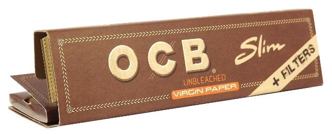 OCB VIRGIN Unbleached Kingsize Slim Papers & Tips (Box of 32 Packs)